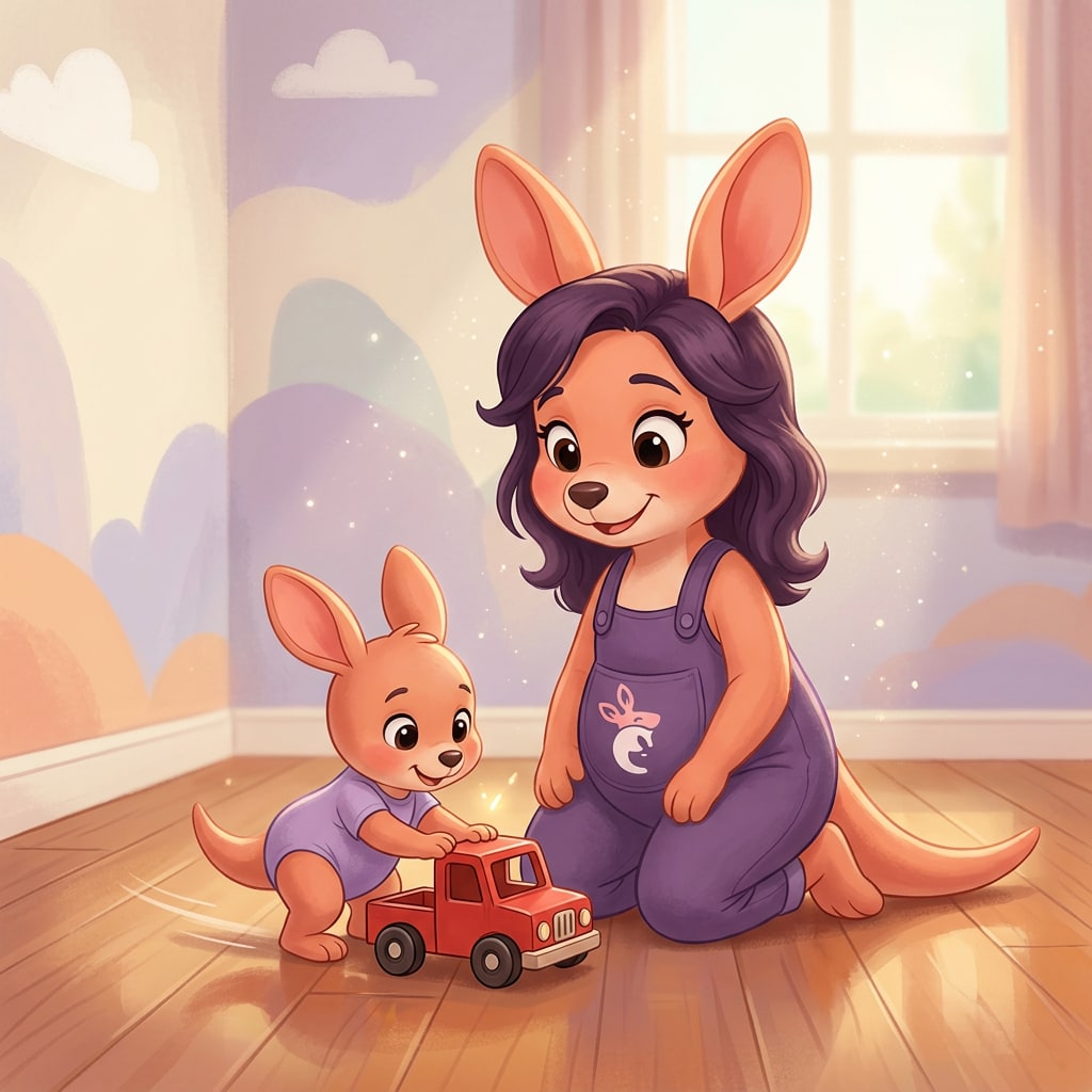 Sophie the kangaroo watching her baby kangaroo intently push a toy truck back and forth