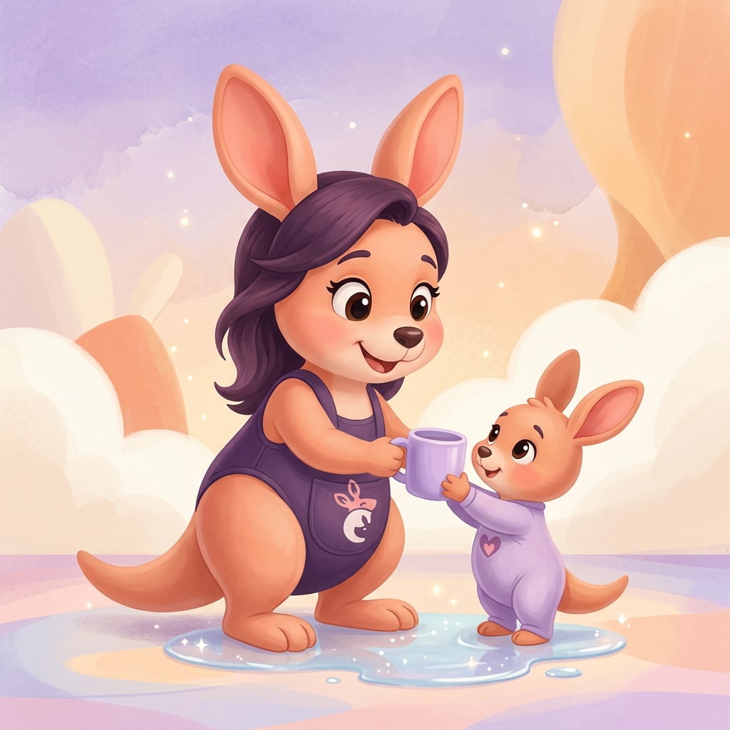 Sophie handing a cup to her baby kangaroo, with spilled water pooling at their feet.