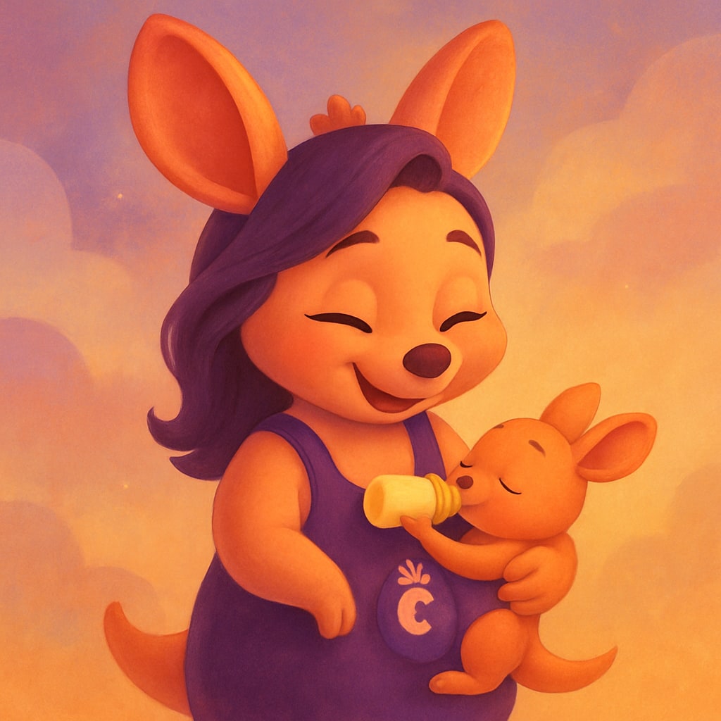 Sophie looking surprised and joyful while holding a baby kangaroo after it takes its first bite of food.