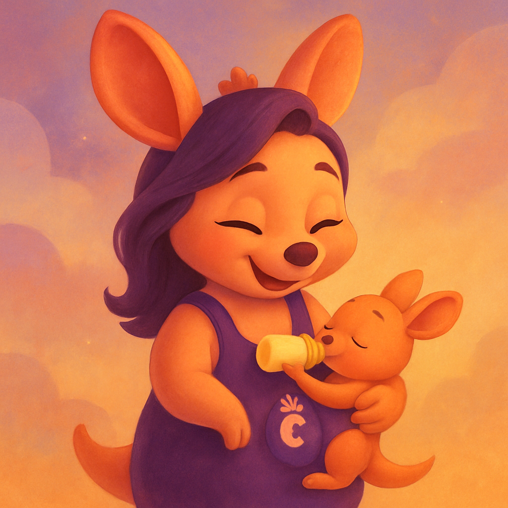 Sophie looking surprised and joyful while holding a baby kangaroo after it takes its first bite of food.