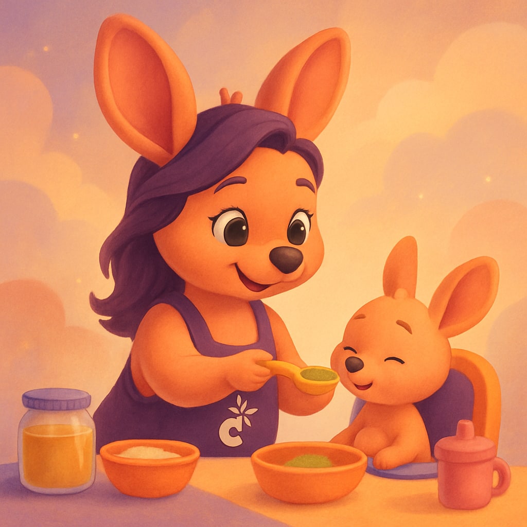 Sophie happily feeding a baby kangaroo at a table full of various healthy baby foods.