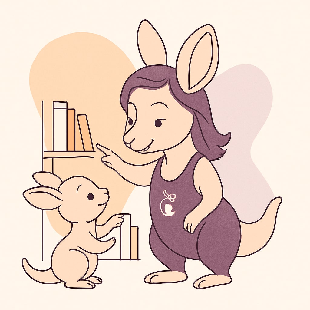 Sophie helping a baby kangaroo select bedtime books from a colorful shelf