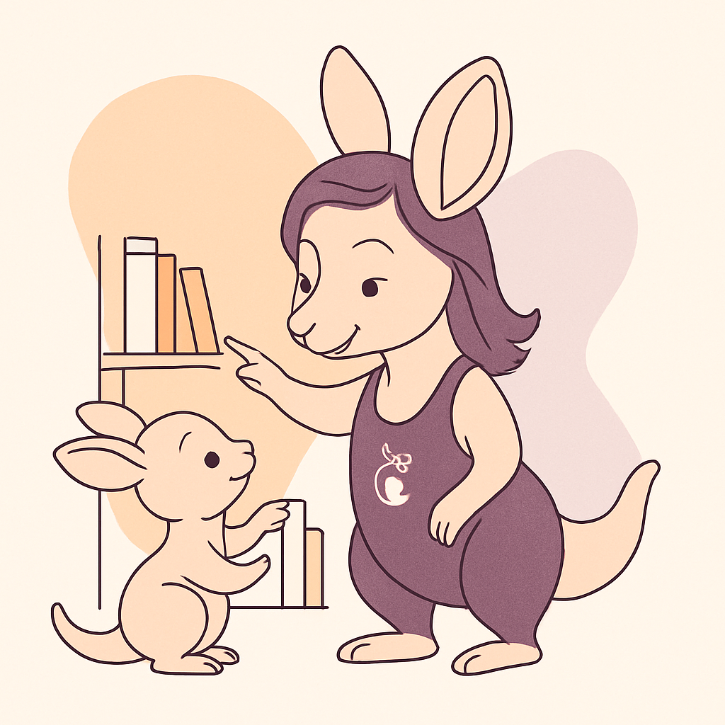Sophie helping a baby kangaroo select bedtime books from a colorful shelf