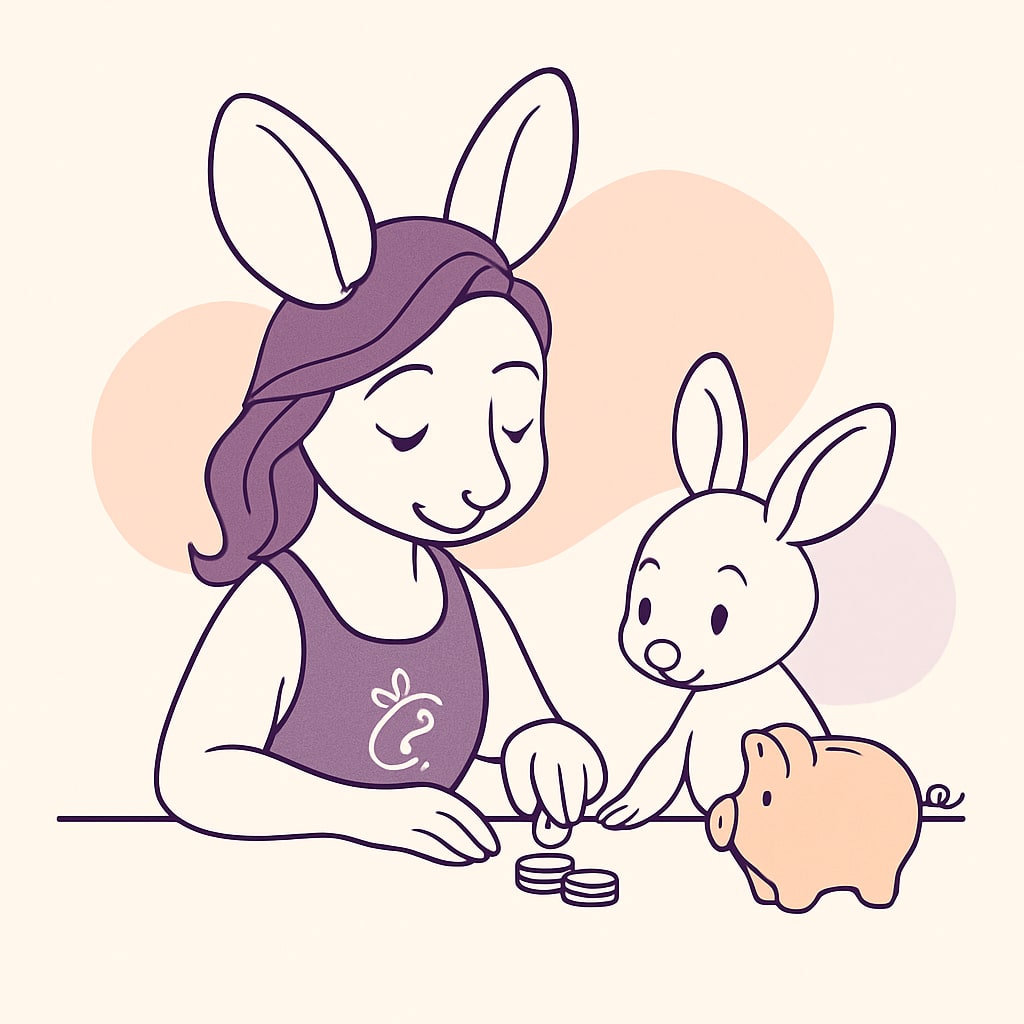 Sophie sitting at a table with counting coins and a piggy bank, explaining money concepts to her baby kangaroo.