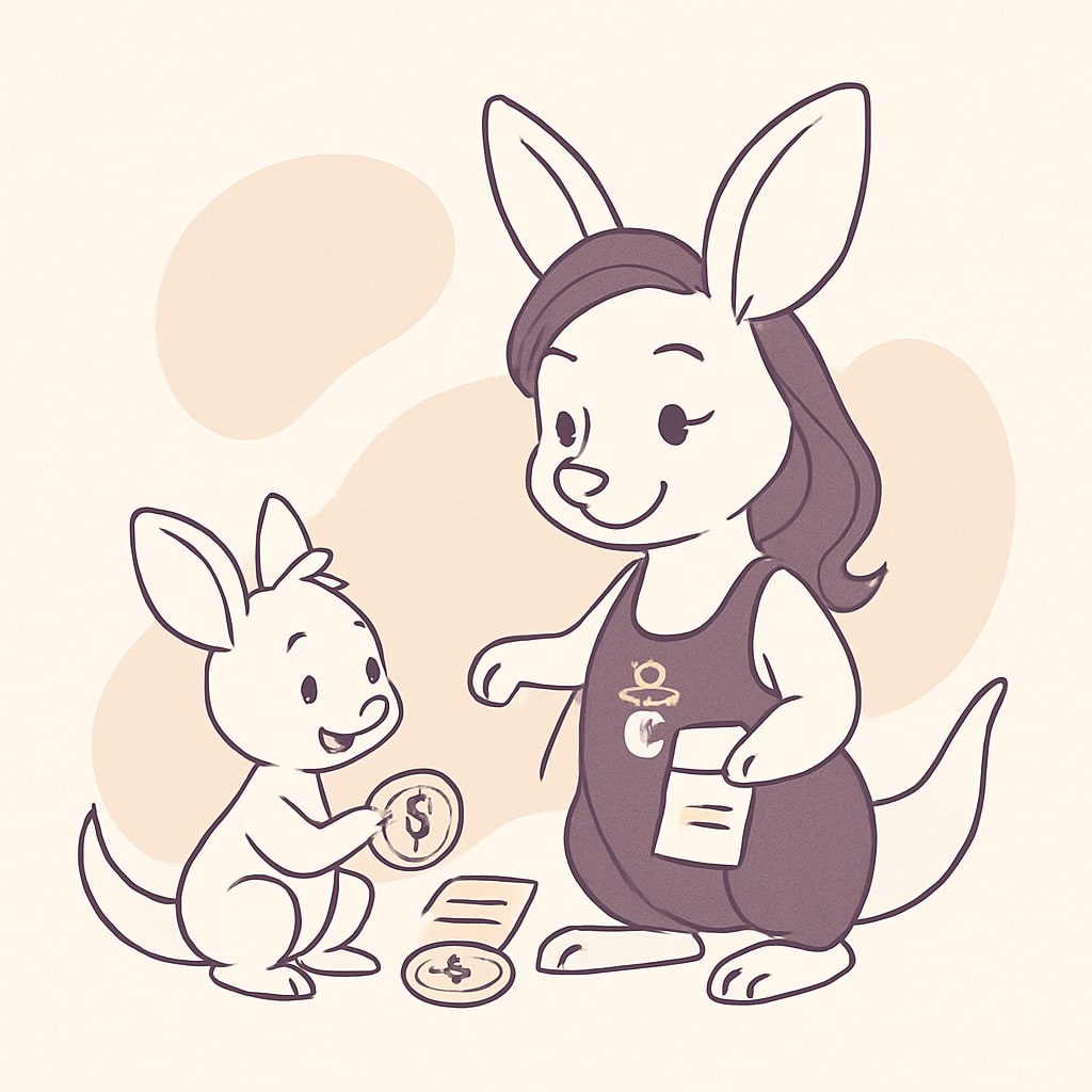 Sophie and her baby kangaroo playing with toy money and a shopping list, happily learning about money.