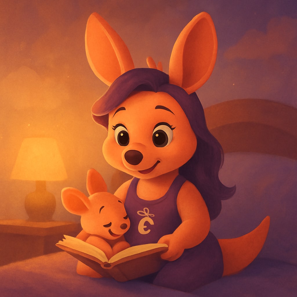 Sophie reading a bedtime story to a baby kangaroo in a cozy bedroom setting.