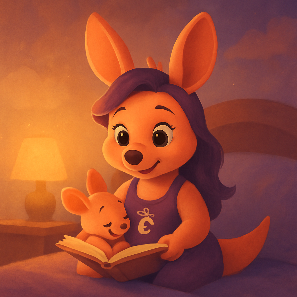 Sophie reading a bedtime story to a baby kangaroo in a cozy bedroom setting.