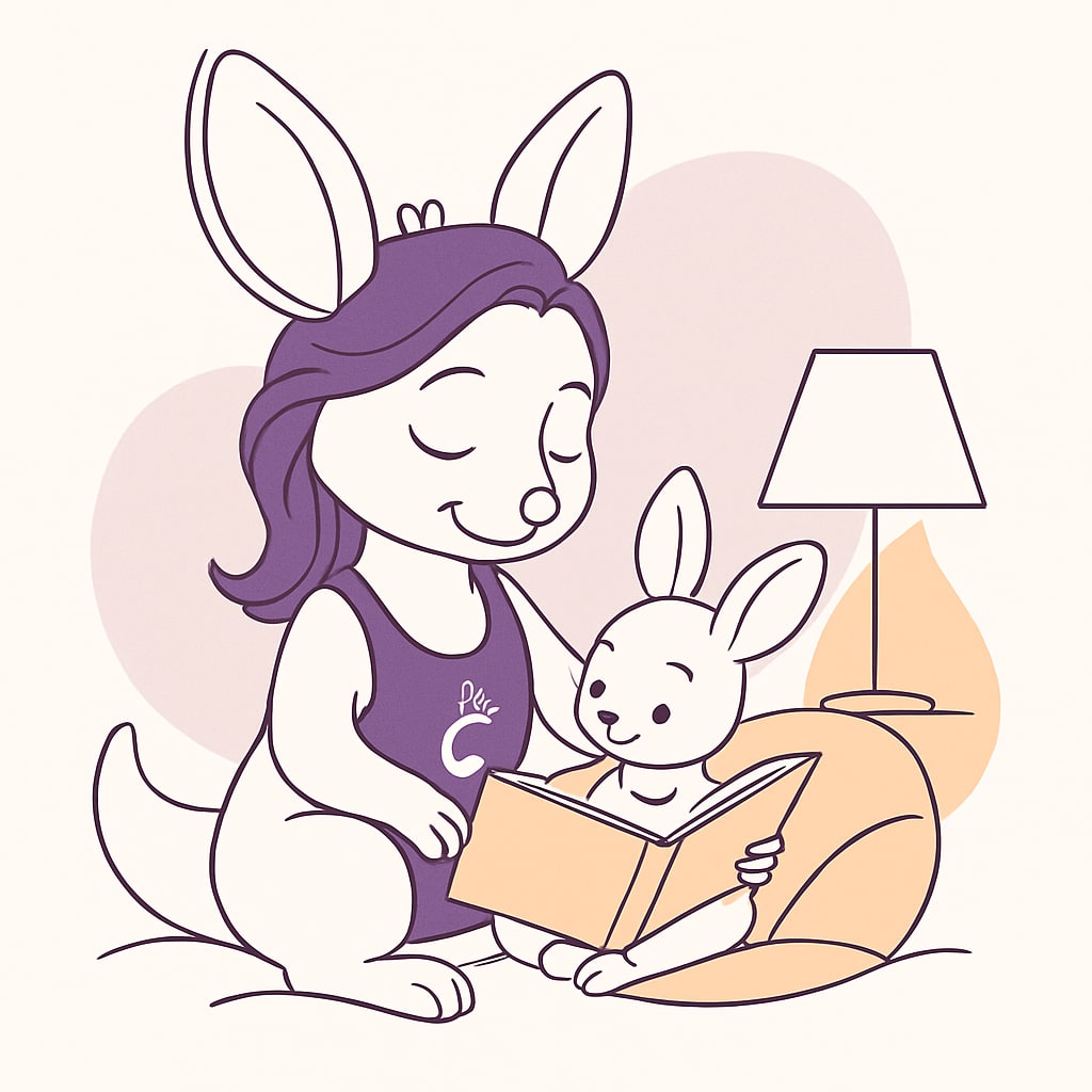 Sophie helping a baby kangaroo with a bedtime story in a cozy room.