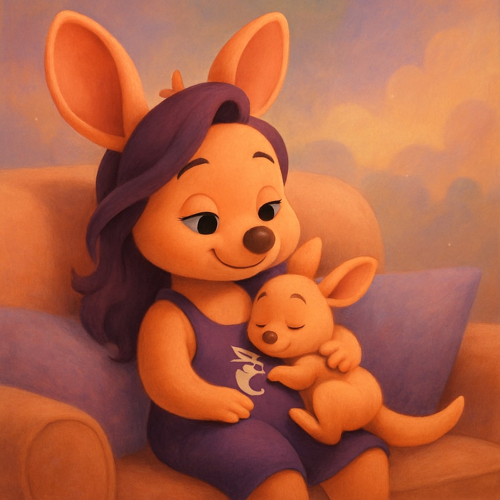 Sophie and her baby kangaroo resting together on a cozy couch, both of them looking relaxed.