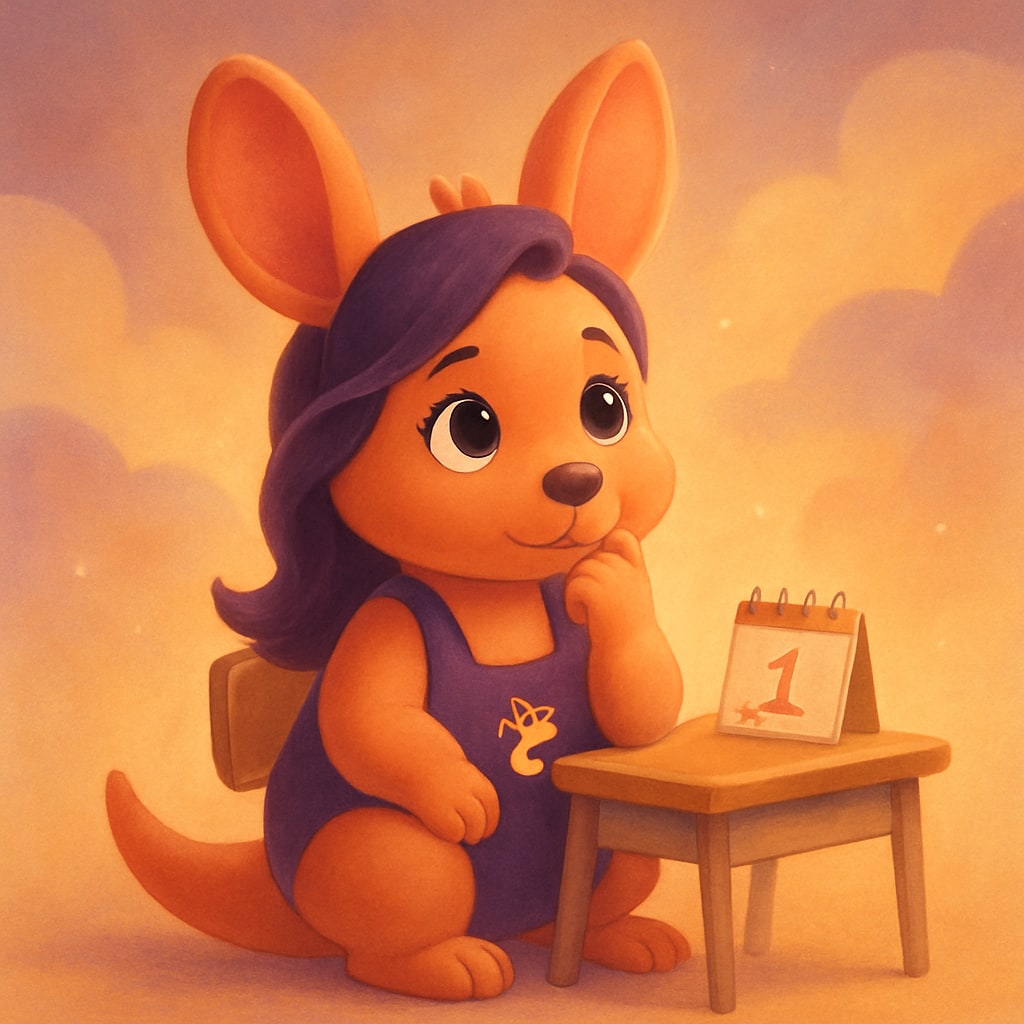 Sophie sitting at a small school desk with a thoughtful expression, a calendar on the desk marking the start of school