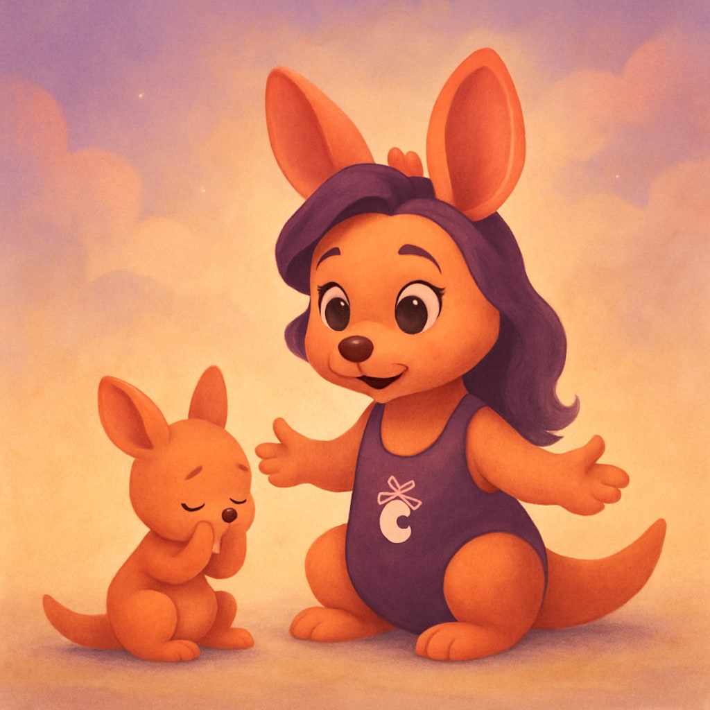 Sophie sitting calmly next to a baby kangaroo, conveying a sense of peace.