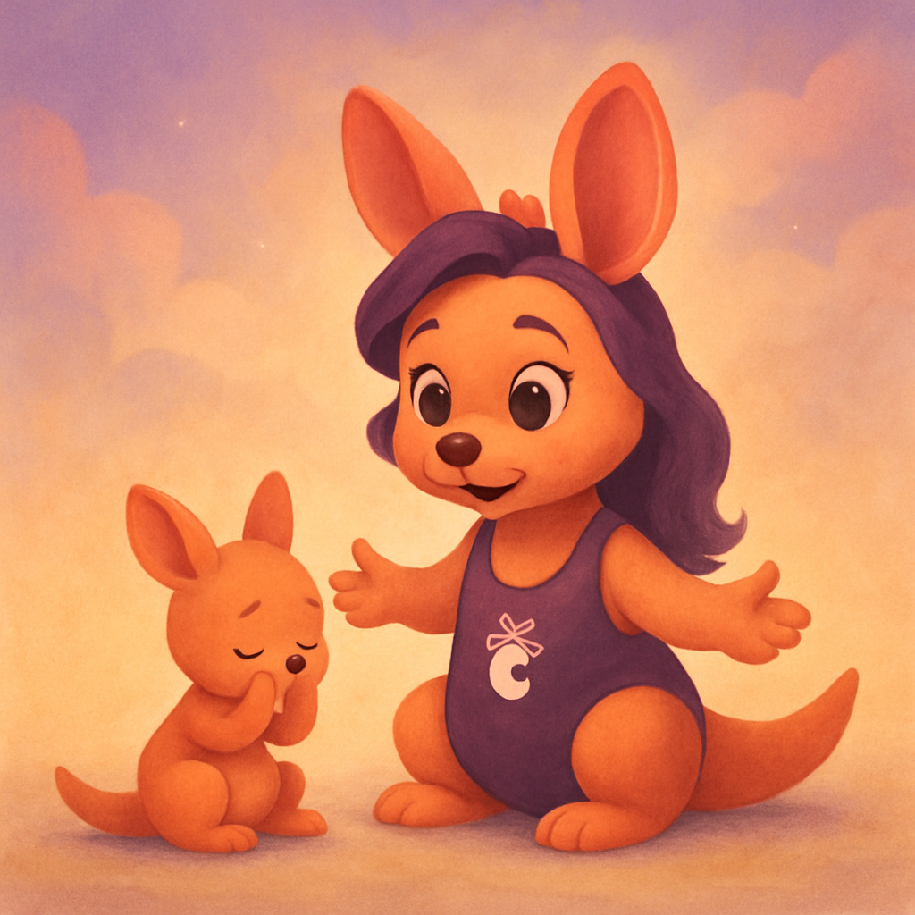 Sophie sitting calmly next to a baby kangaroo, conveying a sense of peace.