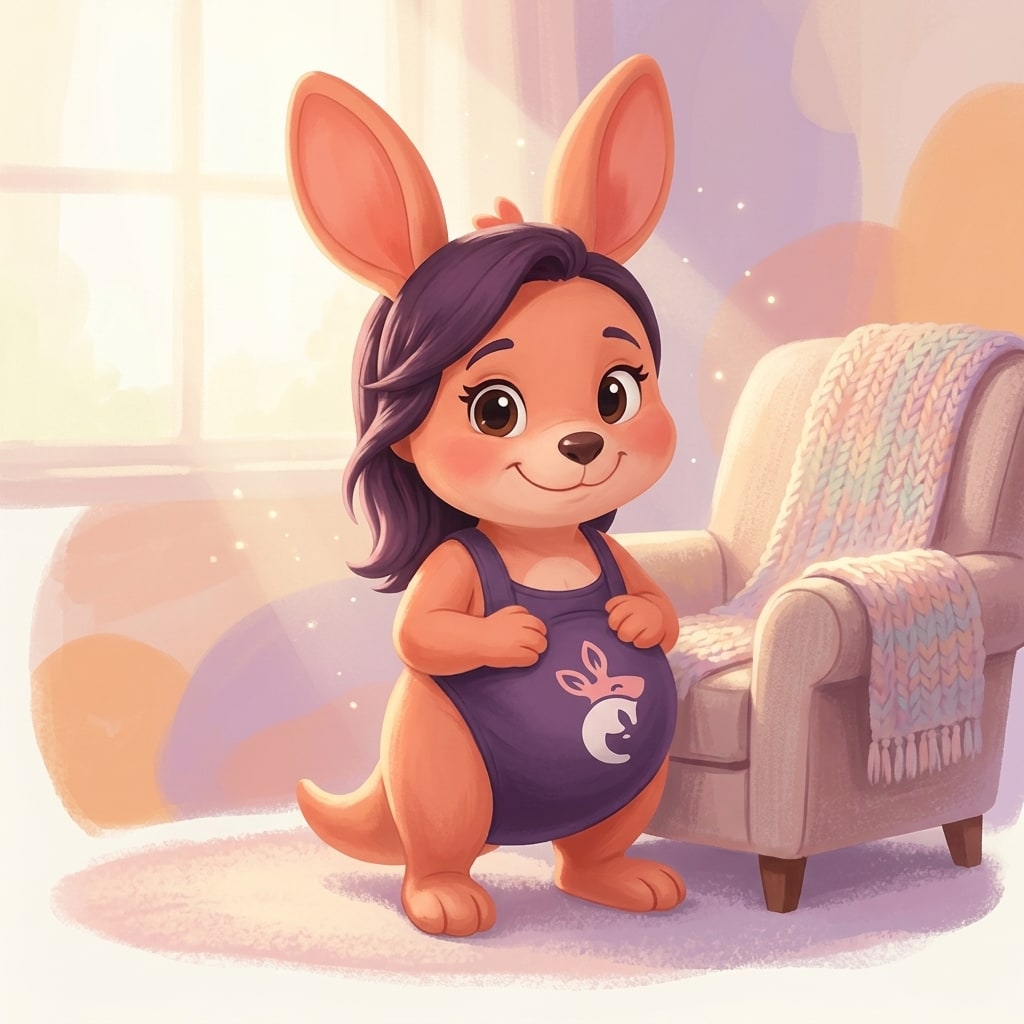 Sophie cradling her pregnant belly, smiling warmly while leaning against a cozy chair in a sunlit room.