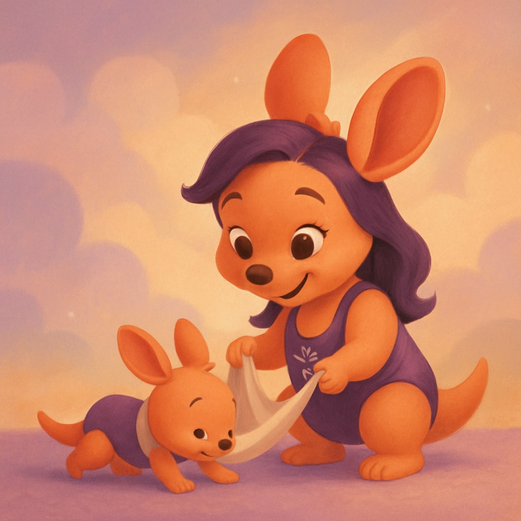 Sophie using a towel-sling with her baby kangaroo, playfully demonstrating crawling exercises