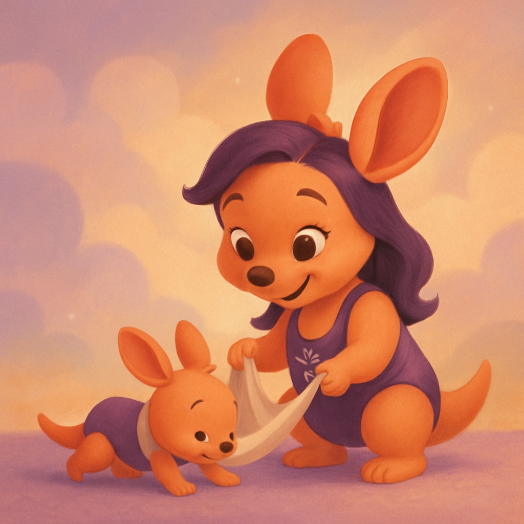 Sophie using a towel-sling with her baby kangaroo, playfully demonstrating crawling exercises