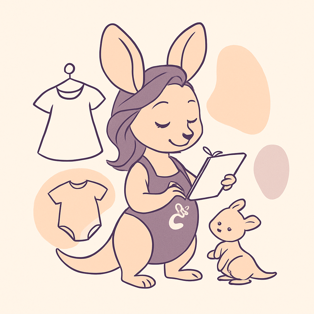 Sophie the kangaroo seated with a notepad, surrounded by landscape piles of clothes