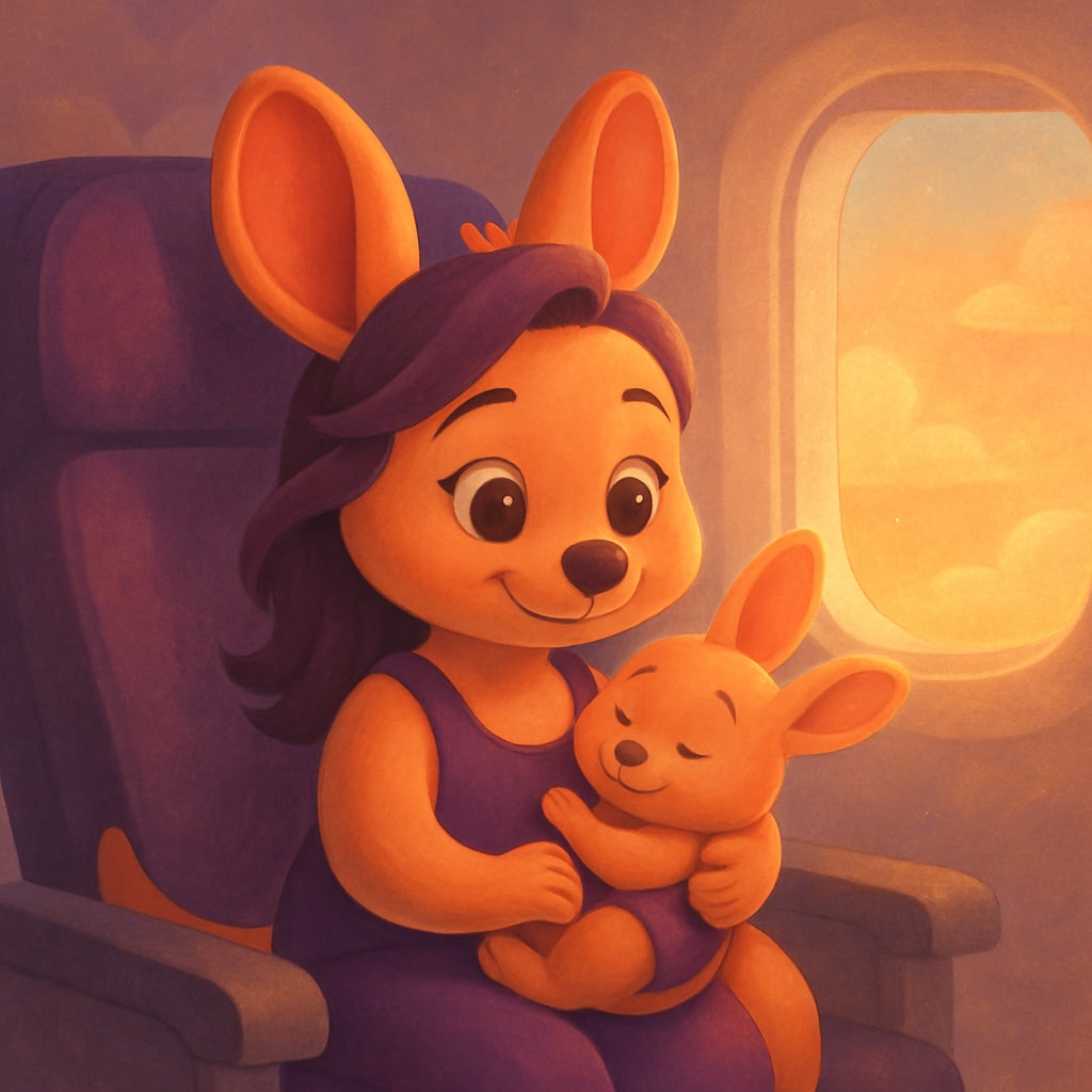 Sophie in an airplane seat holding a content baby kangaroo