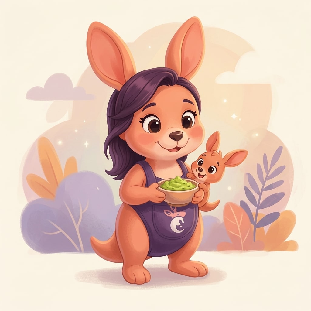 Sophie holding a bowl of mashed avocado with a baby kangaroo watching eagerly