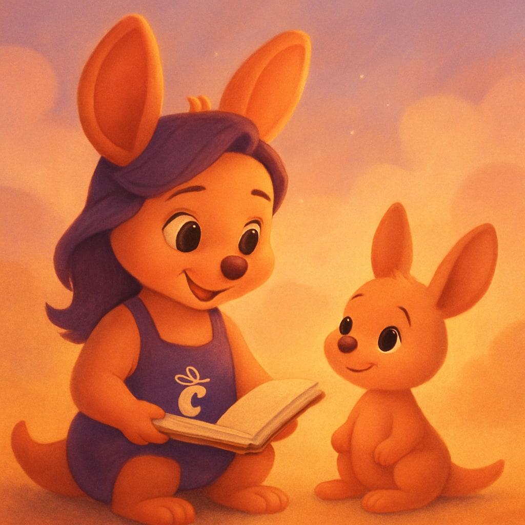 Sophie holding a notebook and smiling warmly, a baby kangaroo nestling beside her