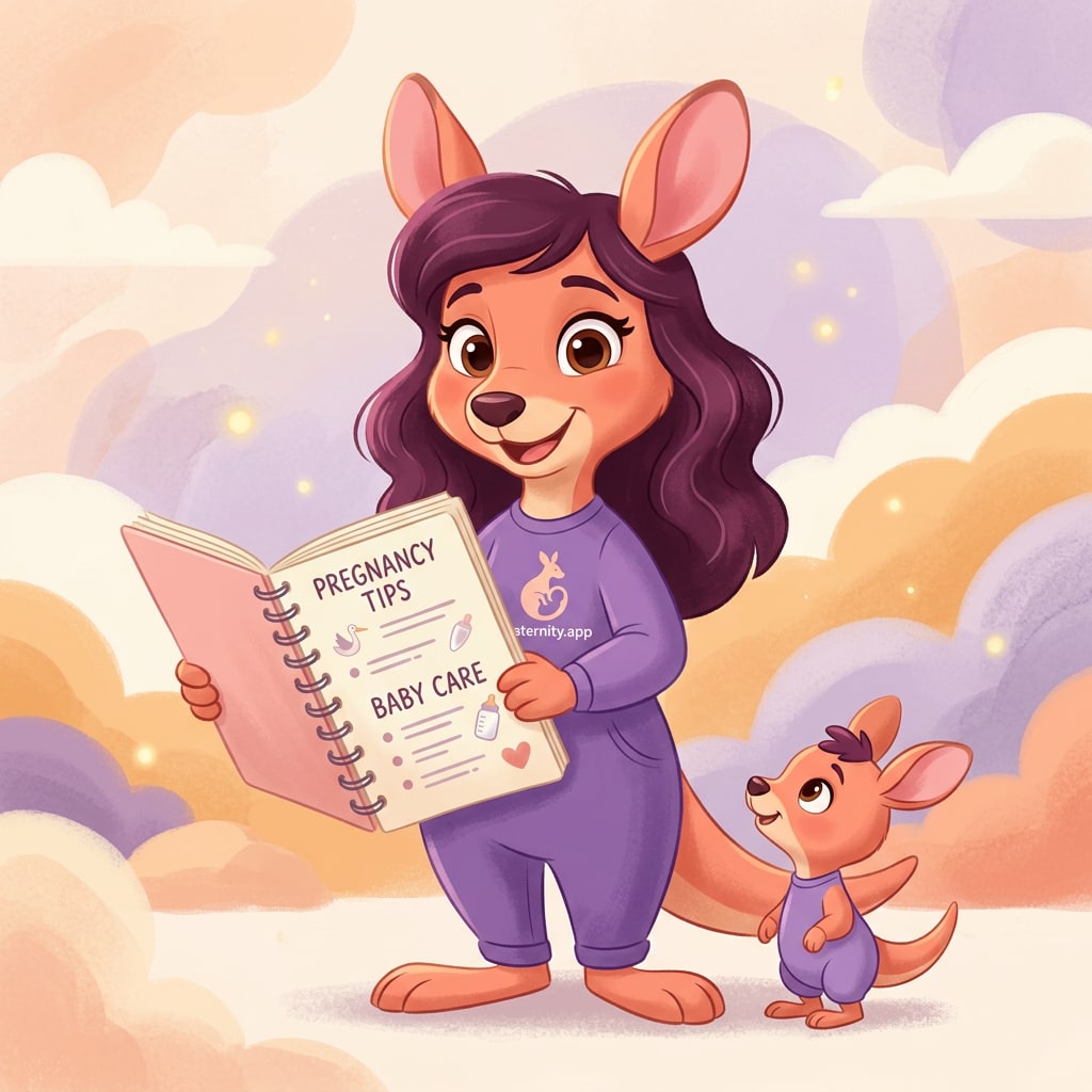 Sophie holding a notebook full of pregnancy tips, smiling at the listener