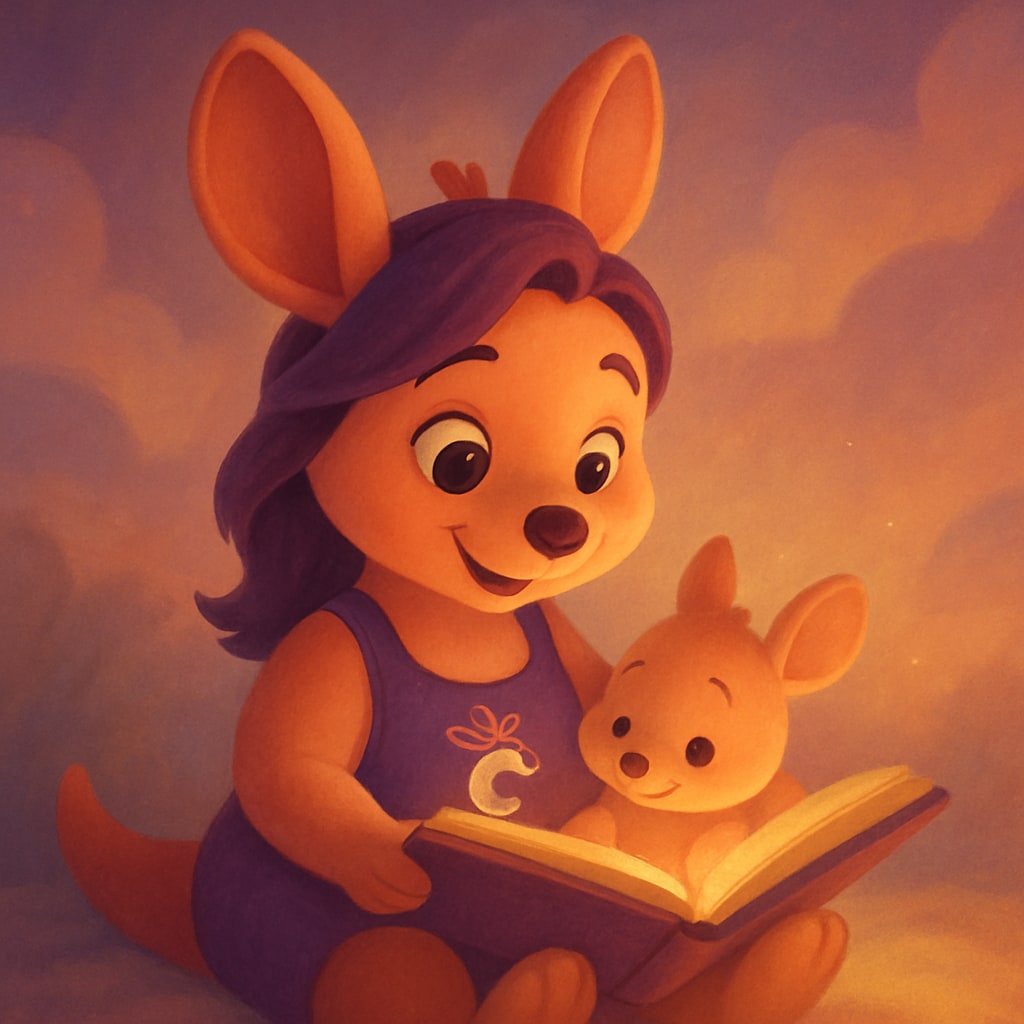 Sophie reading a bedtime story to a baby kangaroo under a soft, warm light