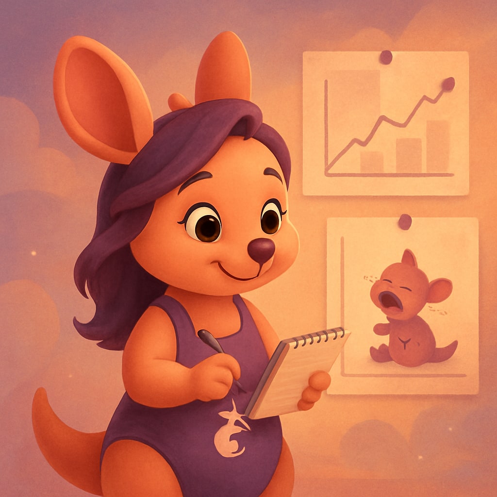 Sophie holding a notebook and pen, surrounded by charts of toddler meltdown patterns