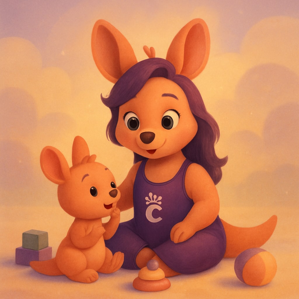 Sophie sitting cross-legged on the floor with a baby kangaroo, demonstrating speech exercises with colorful toys around.