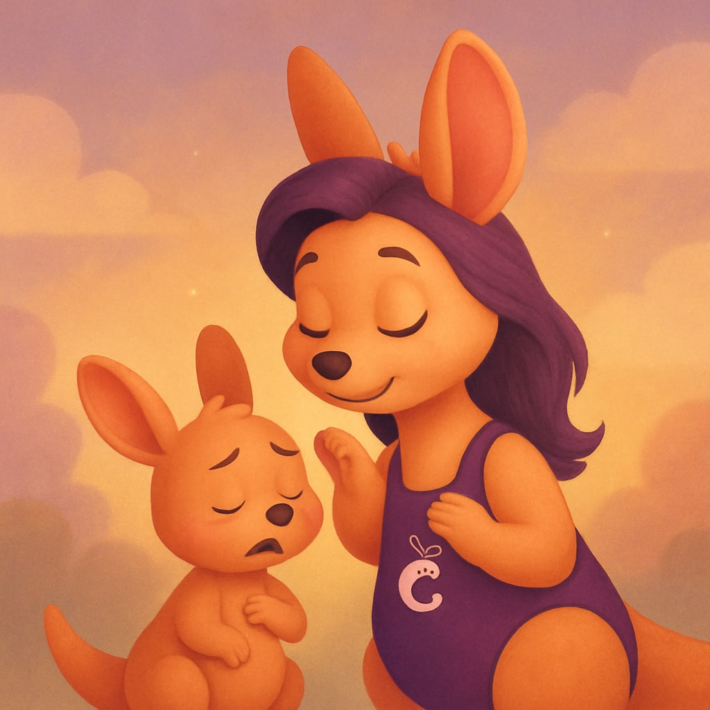 Sophie with a calming gesture and a baby kangaroo looking relieved