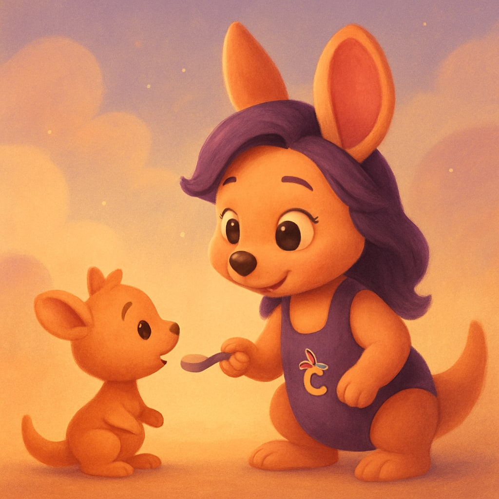 Sophie offering a tiny spoon of food to a baby kangaroo, looking curious.