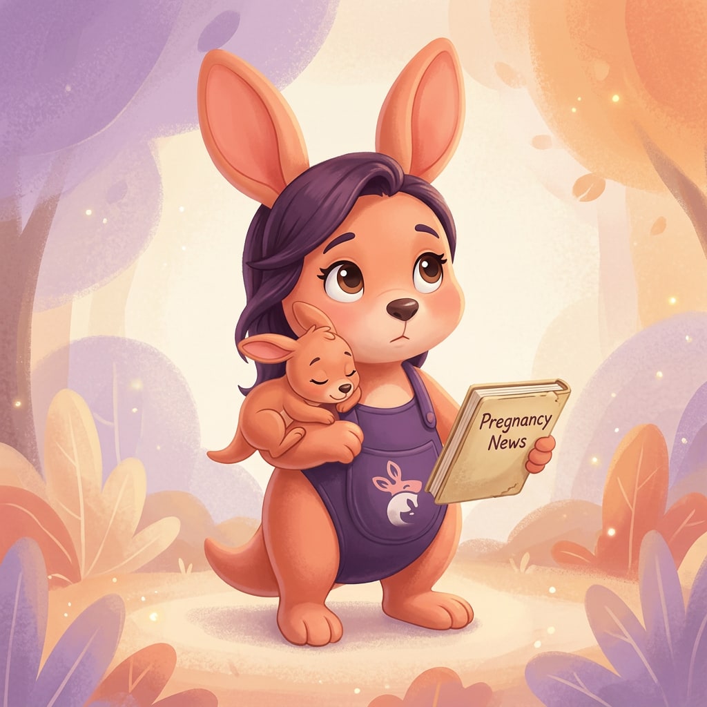 Sophie holding a notebook labeled 'Pregnancy News', looking thoughtful with a baby kangaroo asleep on her shoulder