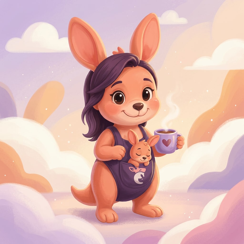 Sophie holding a cozy mug, smiling warmly at the listener with her baby kangaroo sleeping peacefully in her pouch.