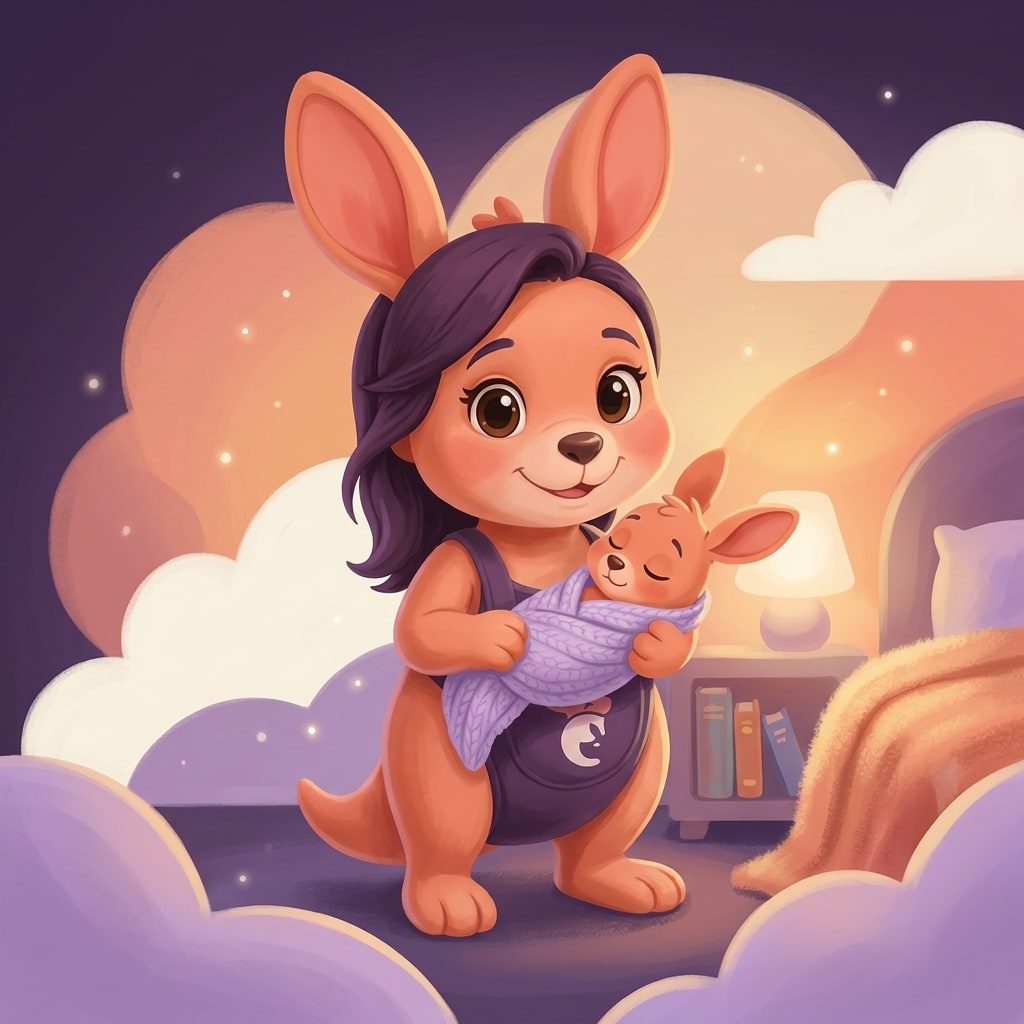 Sophie holding her baby kangaroo, gently rocking in a dimly lit room, with a soft smile on her face.